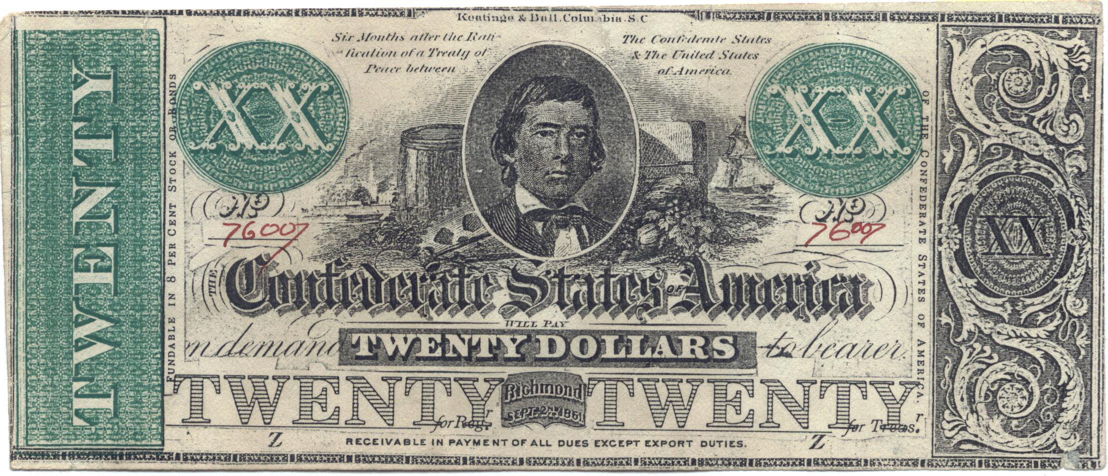 Facsimile/Reprint VII Series Confederate States Of America $20 Richmond Note 