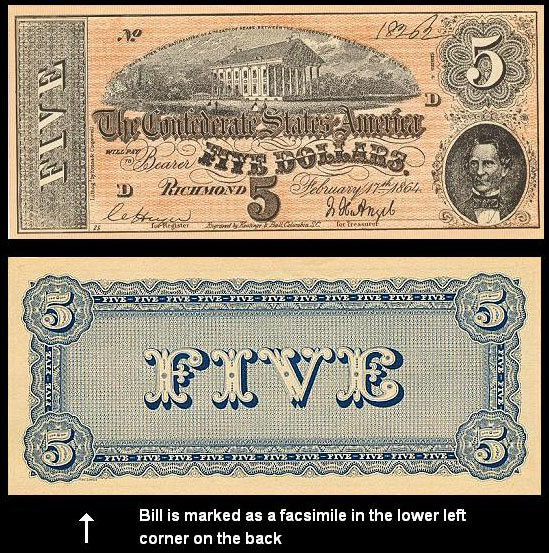 $5  FIVE Dollar1864 Confederate States  Civil War BANK Note facsimile bill 
